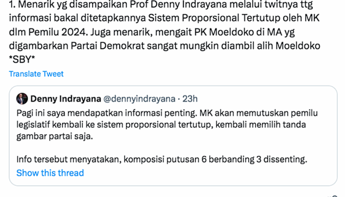 SBY membalas cuitan Denny Indrayana terkait upaya mengembalikan pemilu sistem proporsional tertutup.-Twitter @SBYudhoyono-